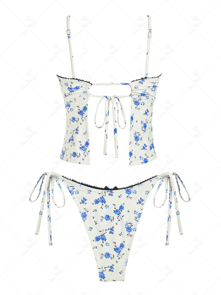 Seamolly Floral Cinched Back Bow Decor Tie Side Tankini Set