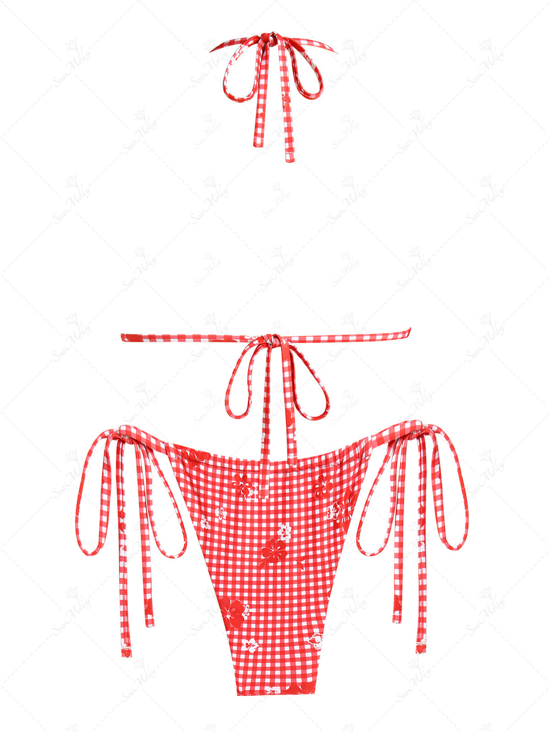 Seamolly Red Gingham Floral Halter Bow Knotted Decor Triangle Tie Side Bikini Set