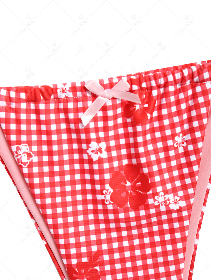 Seamolly Red Gingham Floral Halter Bow Knotted Decor Triangle Tie Side Bikini Set