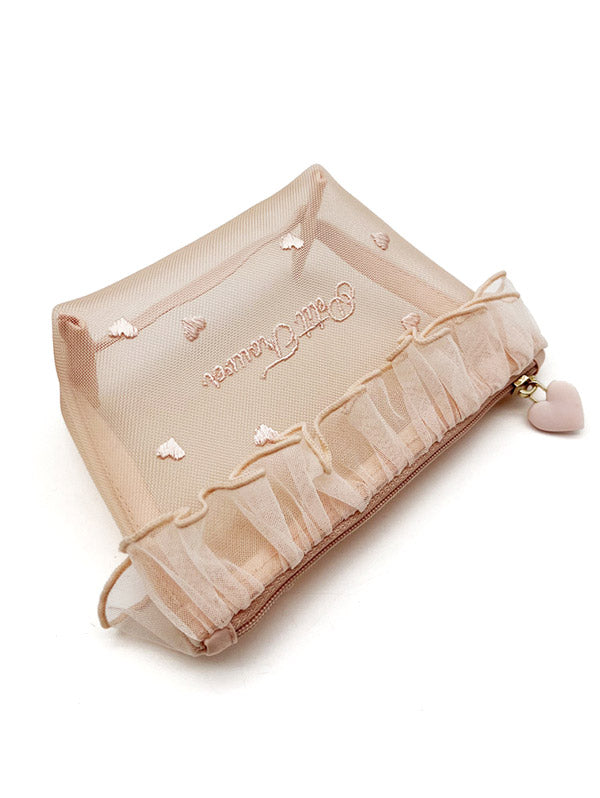 Sheer Mesh Heart Letter Print Cosmetic Bag