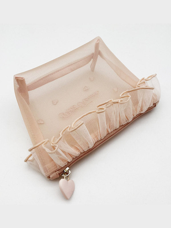 Sheer Mesh Heart Letter Print Cosmetic Bag