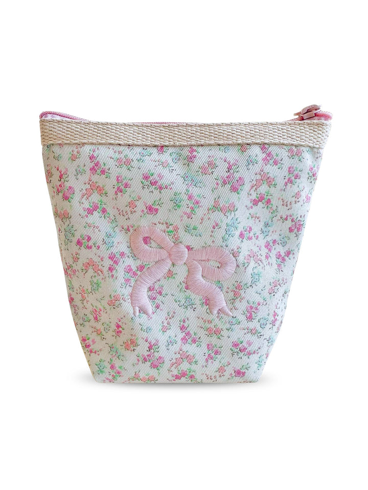 Bow Knotted Floral Printed Cosmetic Bag