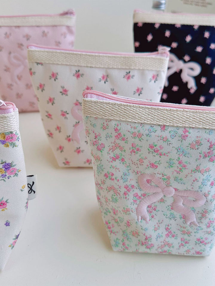 Bow Knotted Floral Printed Cosmetic Bag