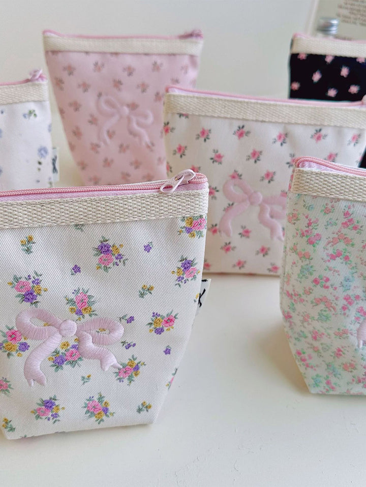 Bow Knotted Floral Printed Cosmetic Bag