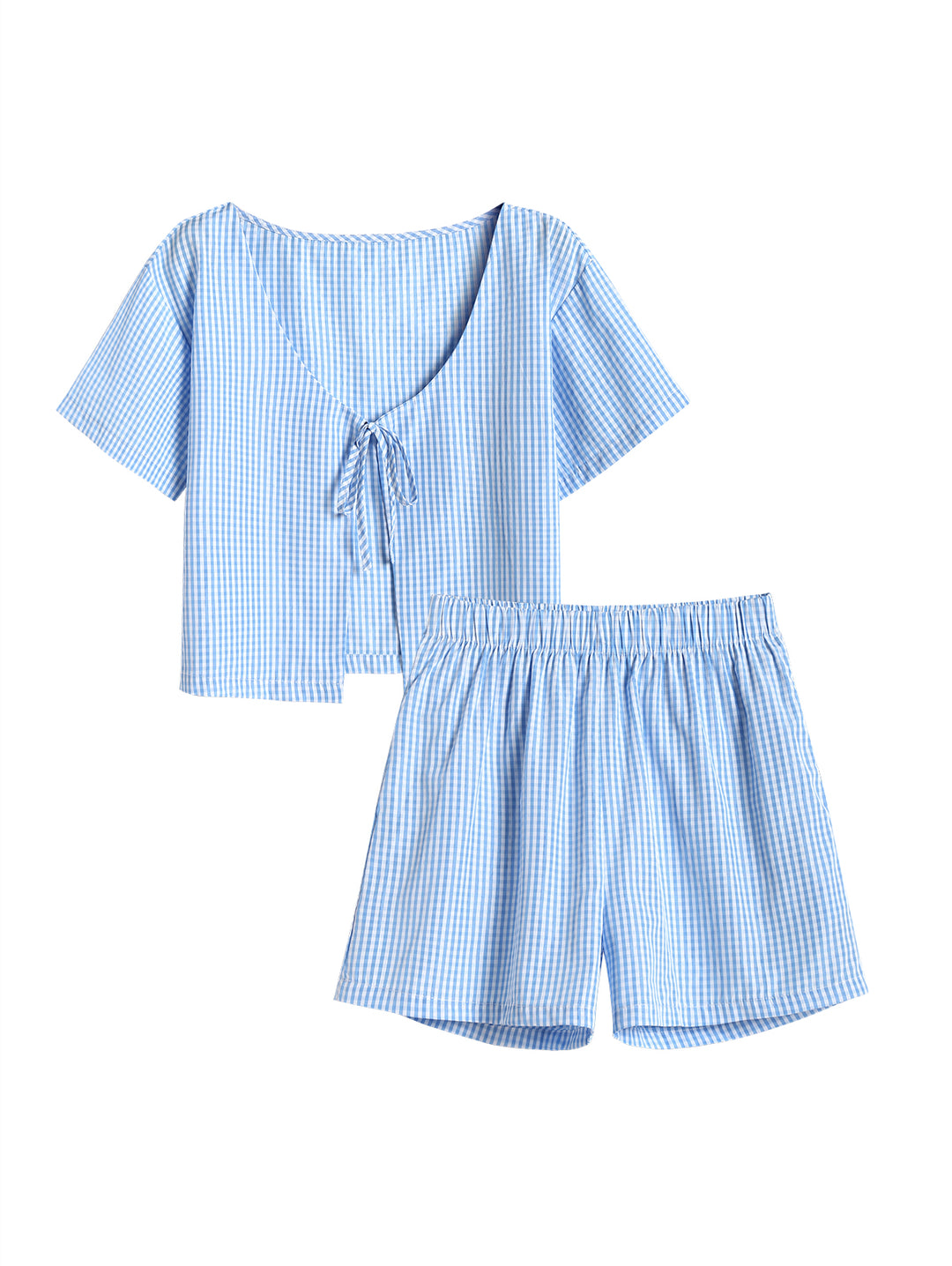 Blue Gingham Cinched Tied Beach Top with Wide Leg Shorts Set