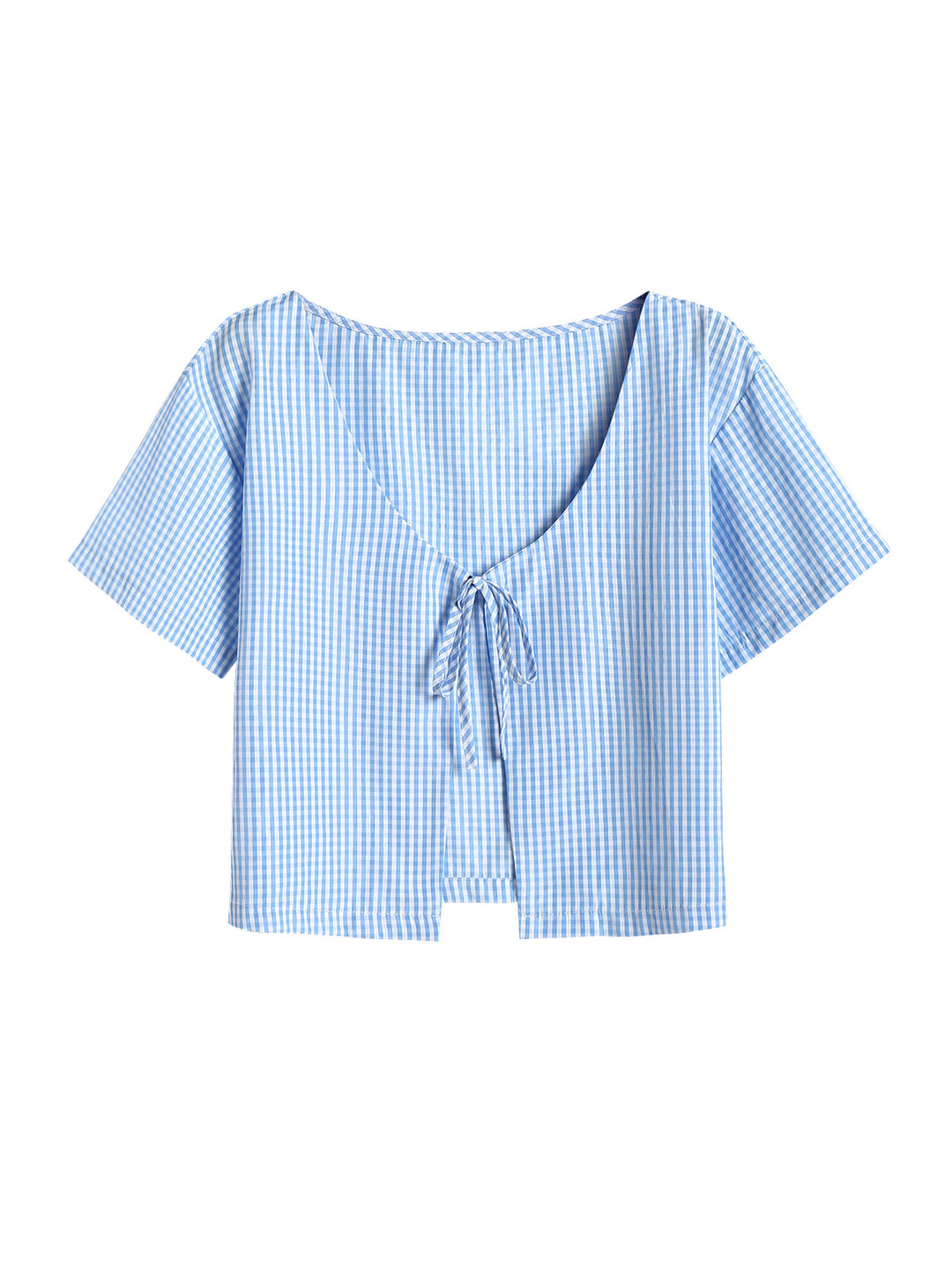 Blue Gingham Cinched Tied Beach Top with Wide Leg Shorts Set