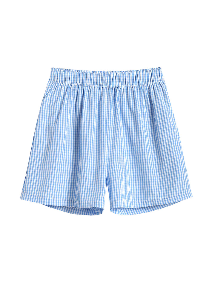 Blue Gingham Cinched Tied Beach Top with Wide Leg Shorts Set