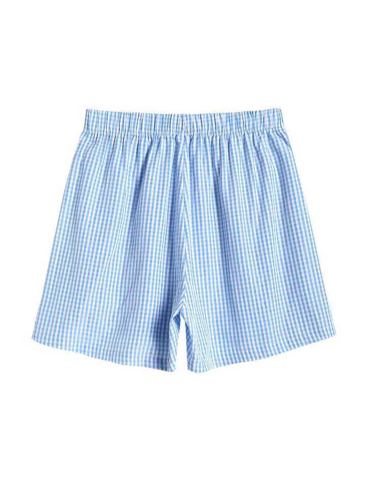 Blue Gingham Cinched Tied Beach Top with Wide Leg Shorts Set