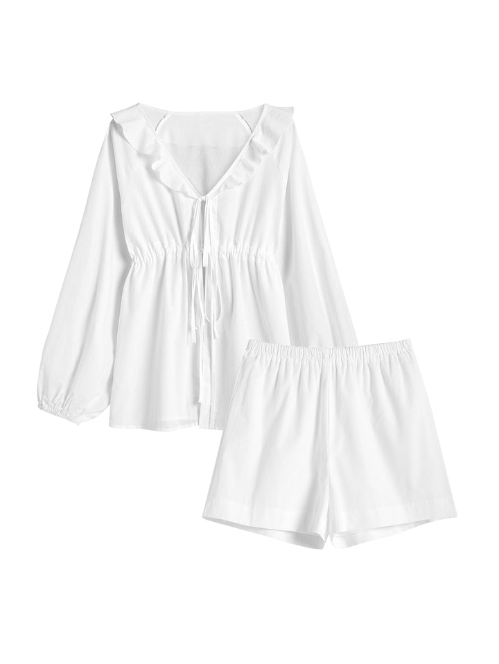 Puff Sleeves V-neck Tied Beach Top and Elastic Waist Shorts Set