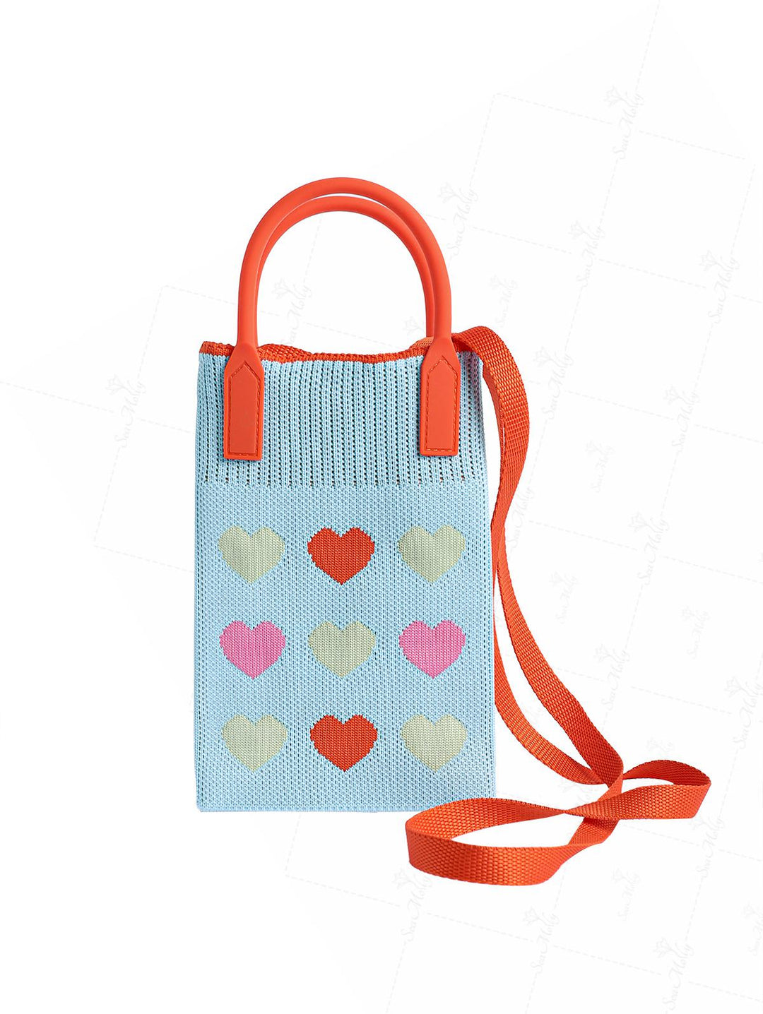 Knitted Contrast Piping Heart Pattern Handle Crossbody Bag