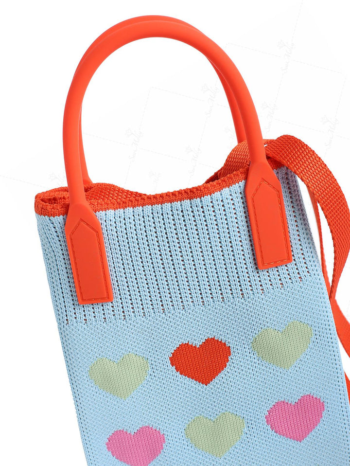 Knitted Contrast Piping Heart Pattern Handle Crossbody Bag