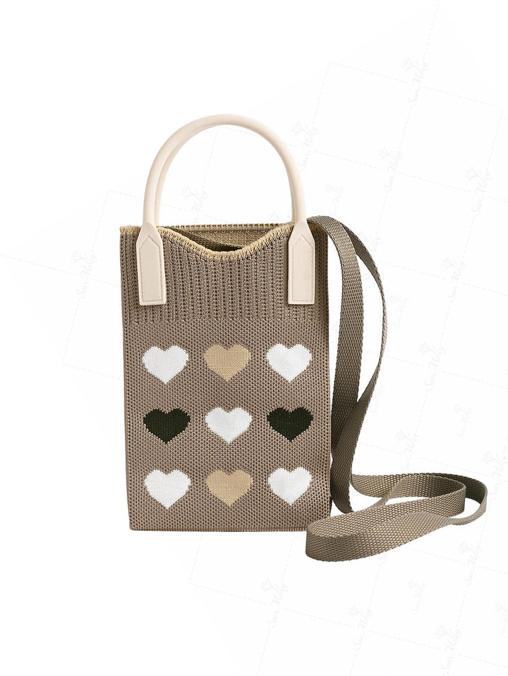 Knitted Contrast Piping Heart Pattern Handle Crossbody Bag