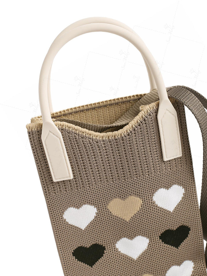 Knitted Contrast Piping Heart Pattern Handle Crossbody Bag