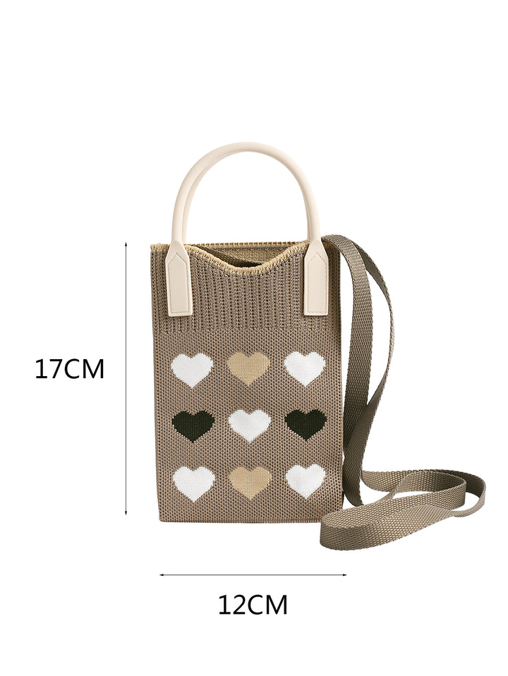 Knitted Contrast Piping Heart Pattern Handle Crossbody Bag