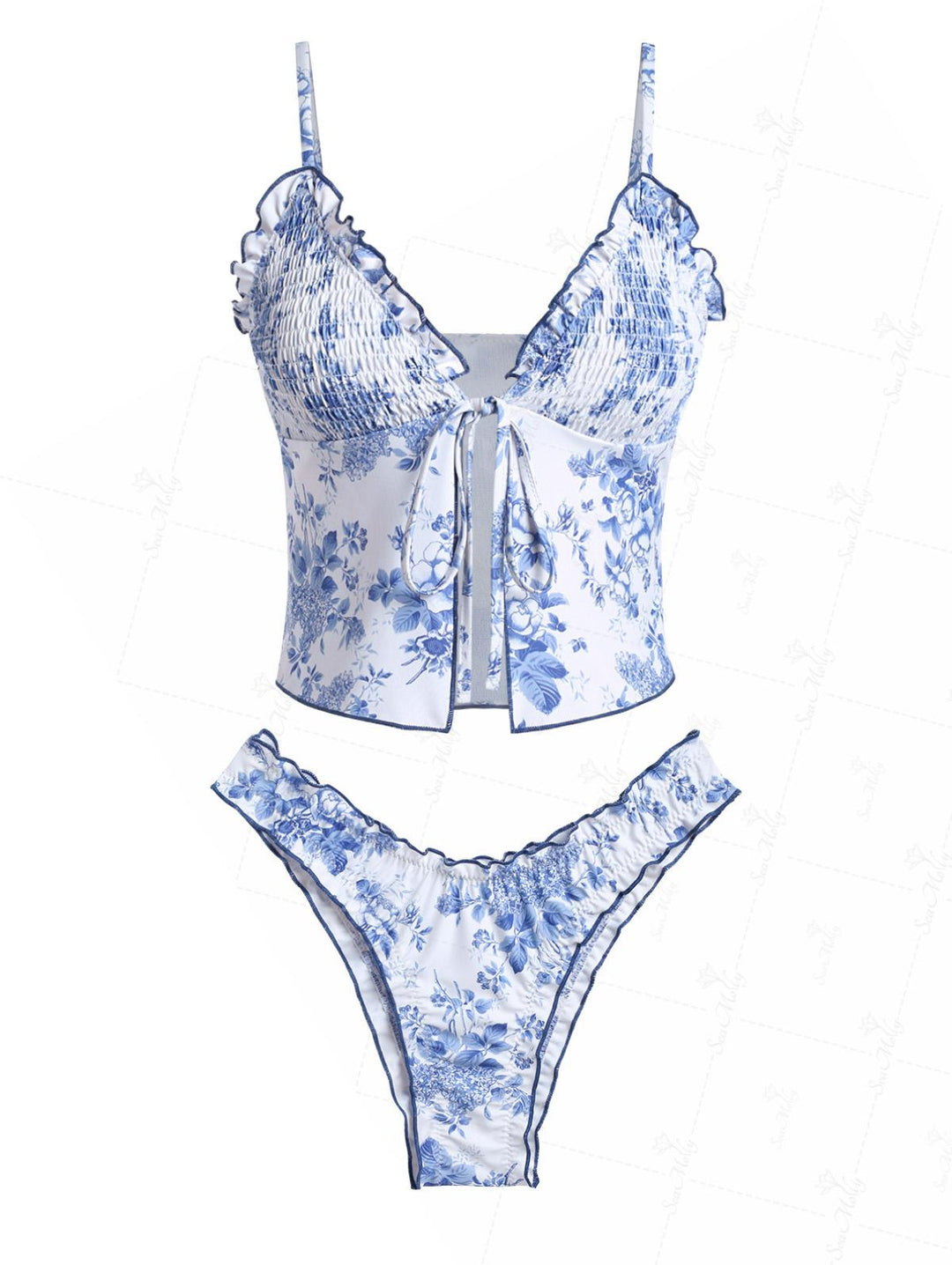 Seamolly Floral Print Smocked Ruffles Tie Front Tankini Set