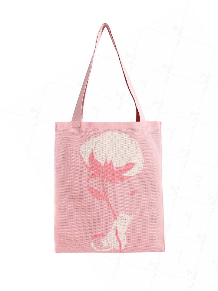 Vacation Floral Cat Pattern Shoulder Tote Bag