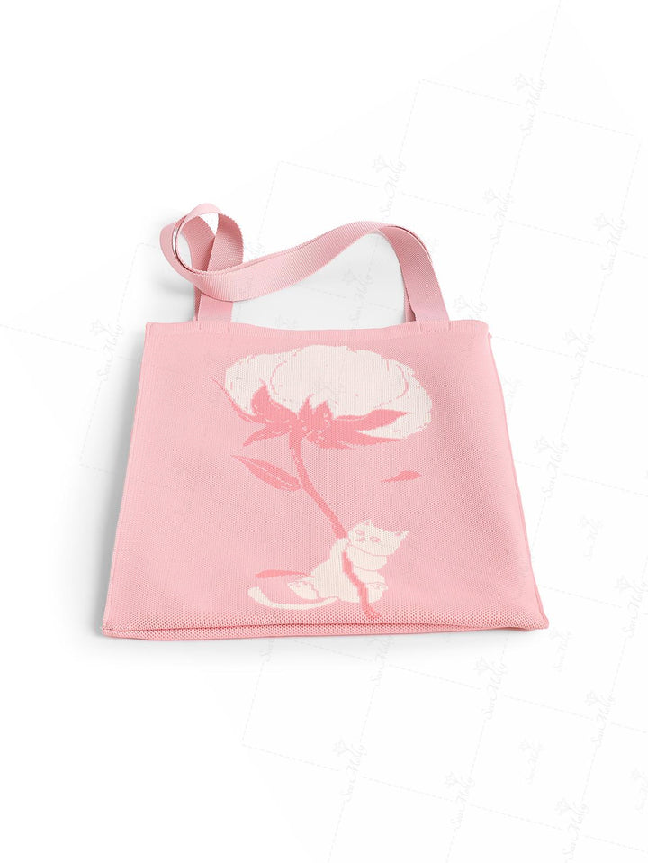 Vacation Floral Cat Pattern Shoulder Tote Bag