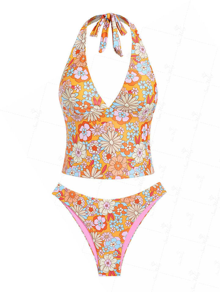 Seamolly Floral Print Halter Tied Tankini Set