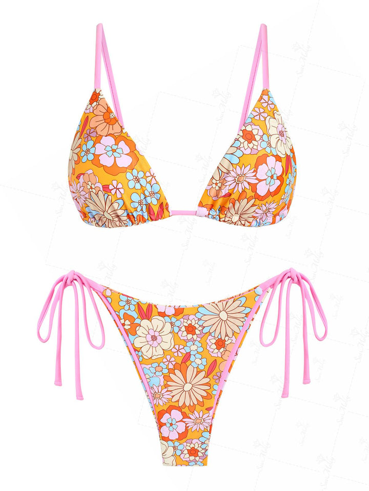 Seamolly Contrast Binding Floral Print Triangle String Tie Side  Bikini Set