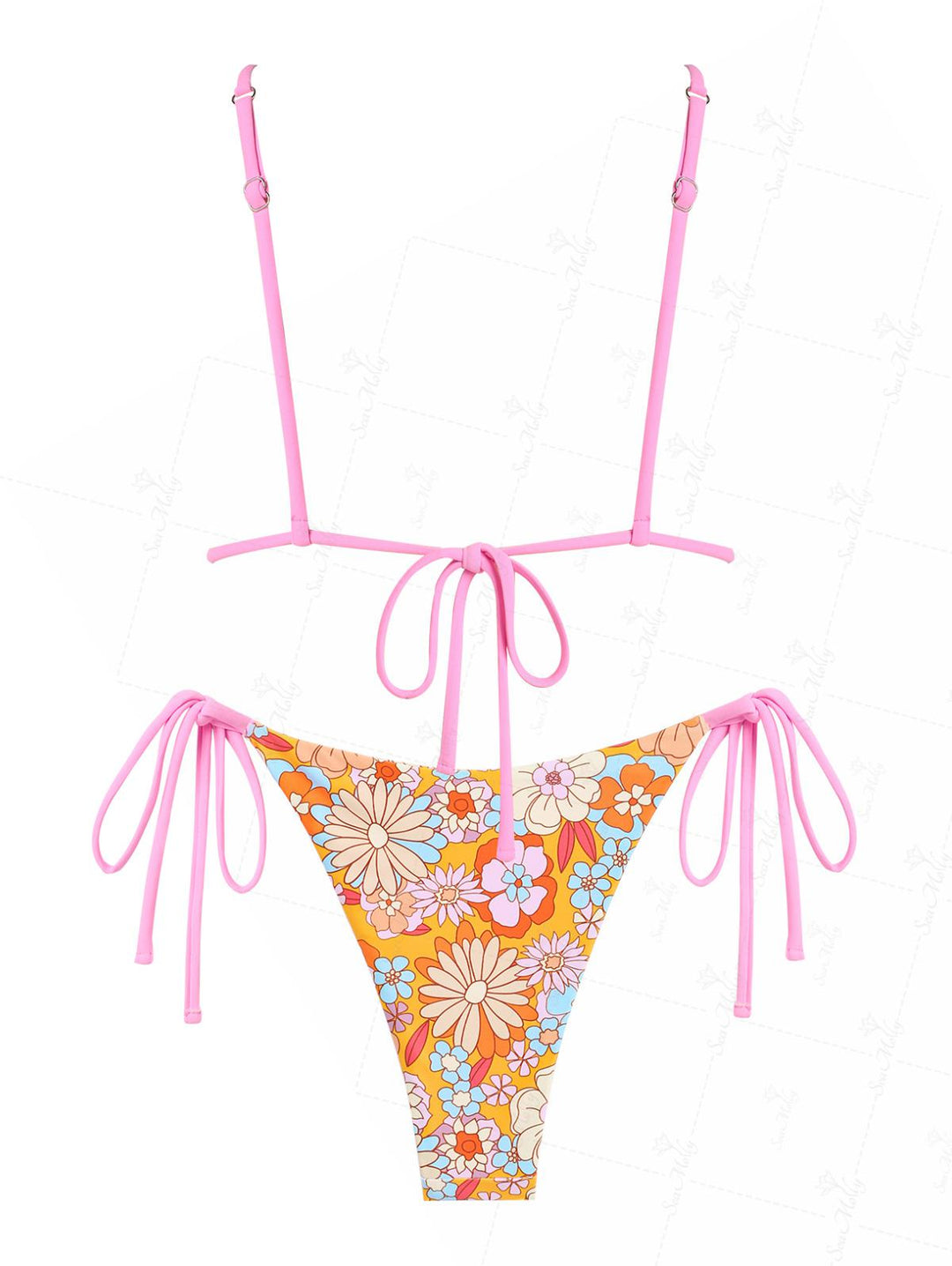 Seamolly Contrast Binding Floral Print Triangle String Tie Side  Bikini Set