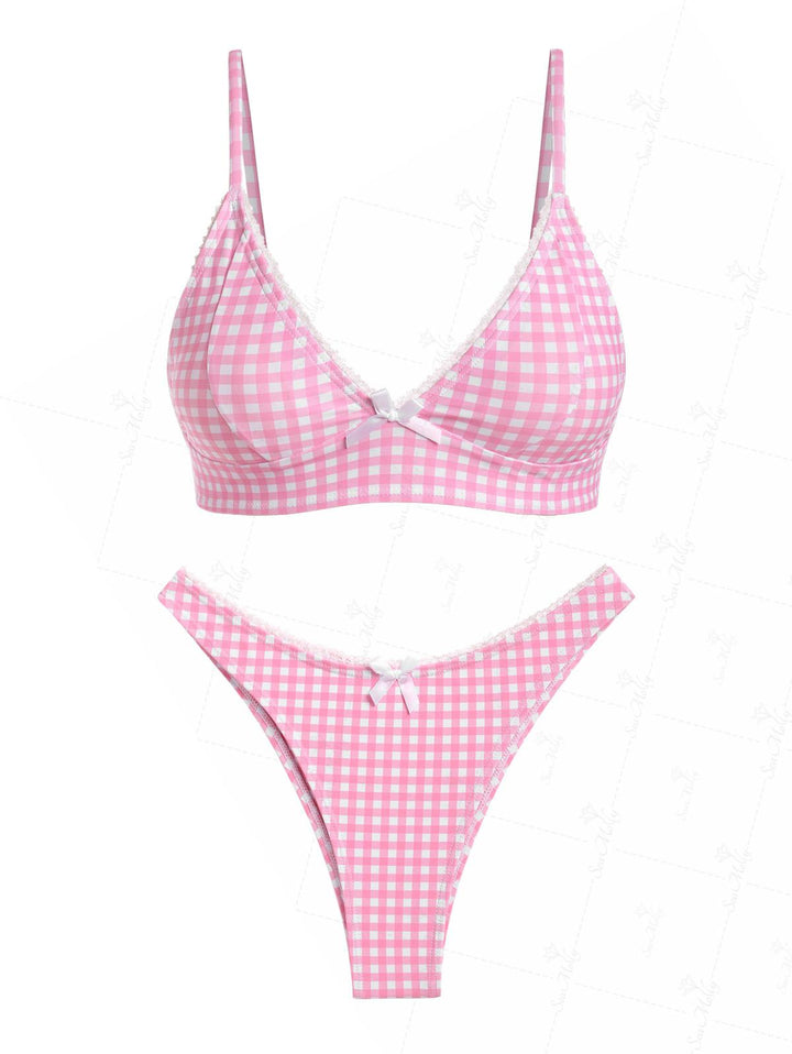 Seamolly Gingham Bowknot Decor Cinched Back Cheeky Bikini Set