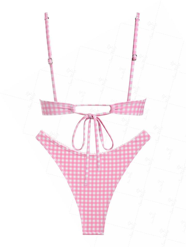 Seamolly Gingham Bowknot Decor Cinched Back Cheeky Bikini Set