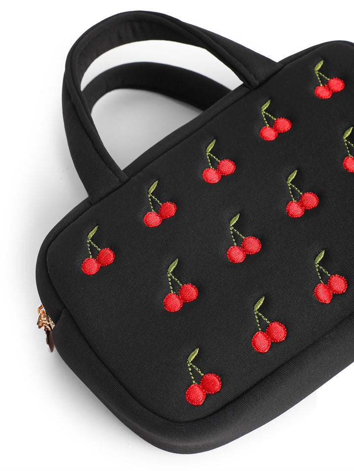 Fruit Cherry Embroidered Portable Handle Cosmetic Bag