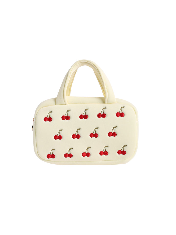 Vintage Fruit Cherry Embroidered Portable Handle Cosmetic Bag