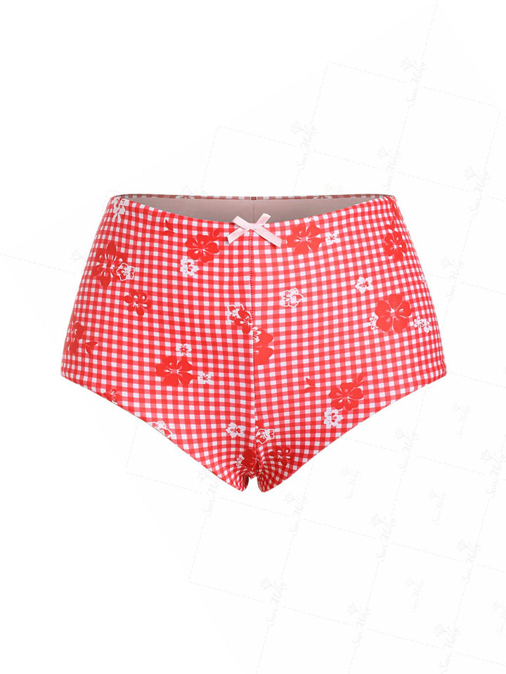 Seamolly Gingham Floral Printed Bowknot Decor Boy Short Bikini Bottom