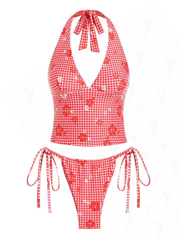 Seamolly Red Gingham Floral Printed Halter Tie Side Chic Tankini Set