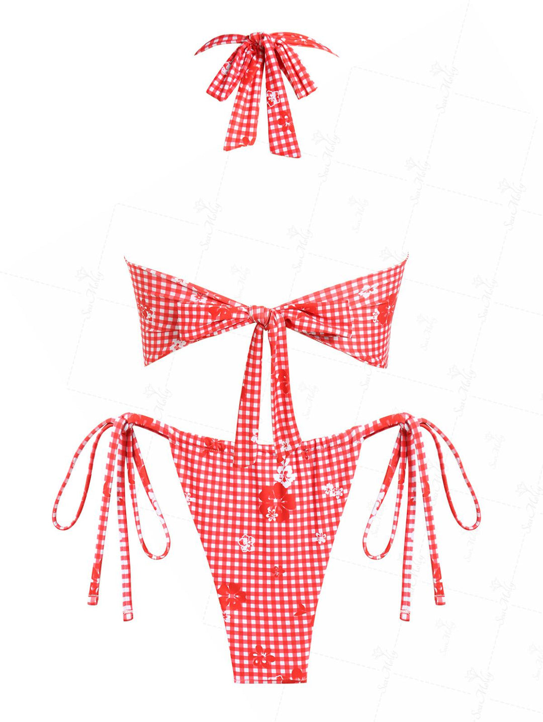 Seamolly Red Gingham Floral Printed Halter Tie Side Chic Tankini Set