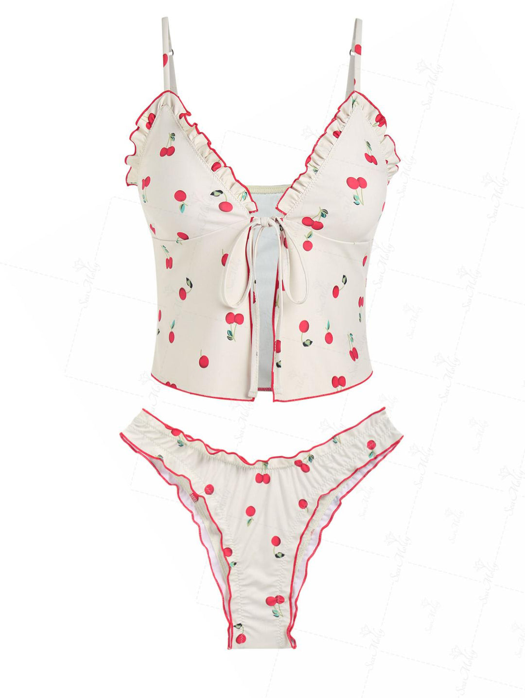 Seamolly Tie Front Fruit Cherry Lettuce Trim Cheeky Tankini Set