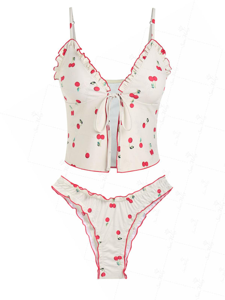 Seamolly Tie Front Fruit Cherry Lettuce Trim Cheeky Tankini Set