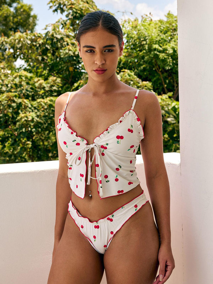 Seamolly Tie Front Fruit Cherry Lettuce Trim Cheeky Tankini Set