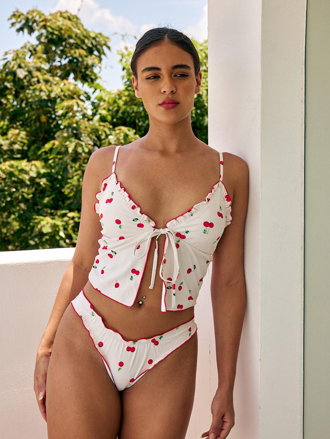 Seamolly Tie Front Fruit Cherry Lettuce Trim Cheeky Tankini Set