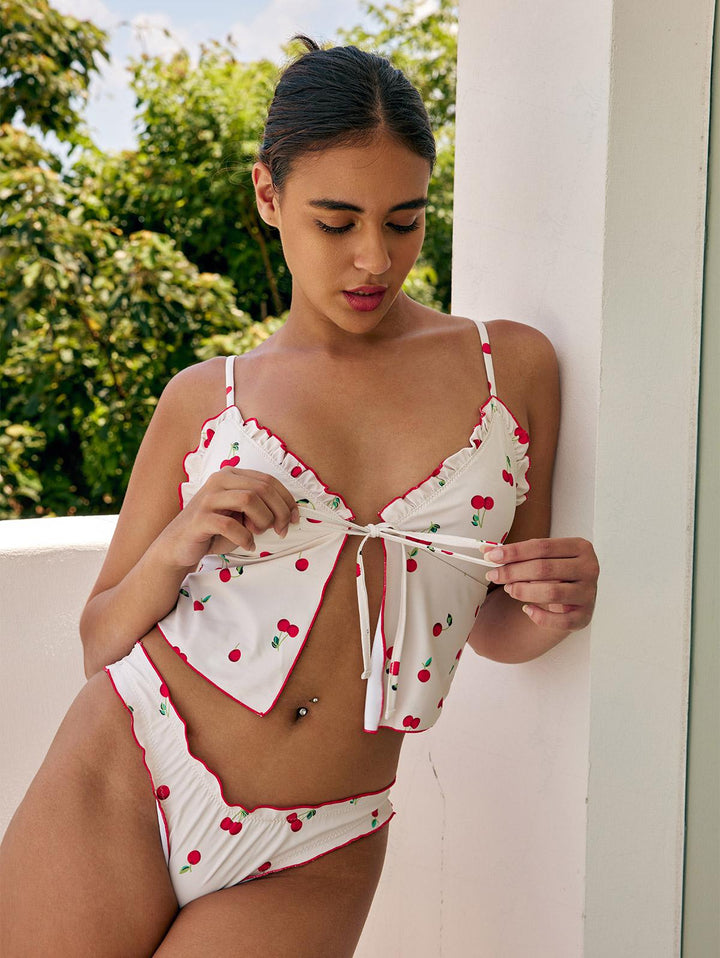 Seamolly Tie Front Fruit Cherry Lettuce Trim Cheeky Tankini Set