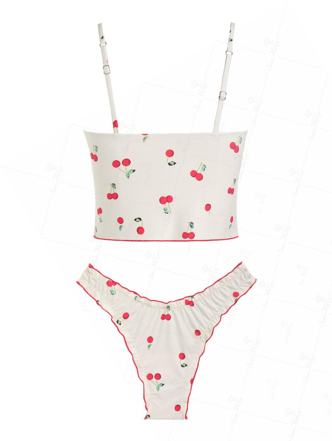 Seamolly Tie Front Fruit Cherry Lettuce Trim Cheeky Tankini Set