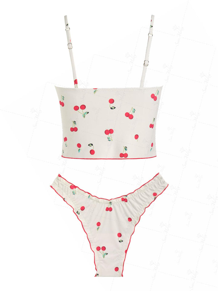 Seamolly Tie Front Fruit Cherry Lettuce Trim Cheeky Tankini Set