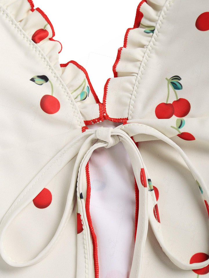 Seamolly Tie Front Fruit Cherry Lettuce Trim Cheeky Tankini Set