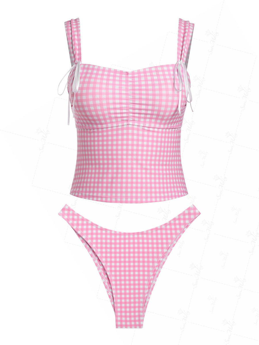 Seamolly Vintage Blue Gingham Cinched Back Bow Decor Tie Side Tankini Set