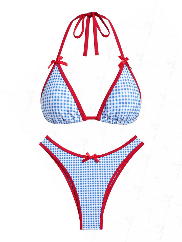 Seamolly Gingham Contrast Binding Bowknot Decor Halter Tied Triangle Bikini Set