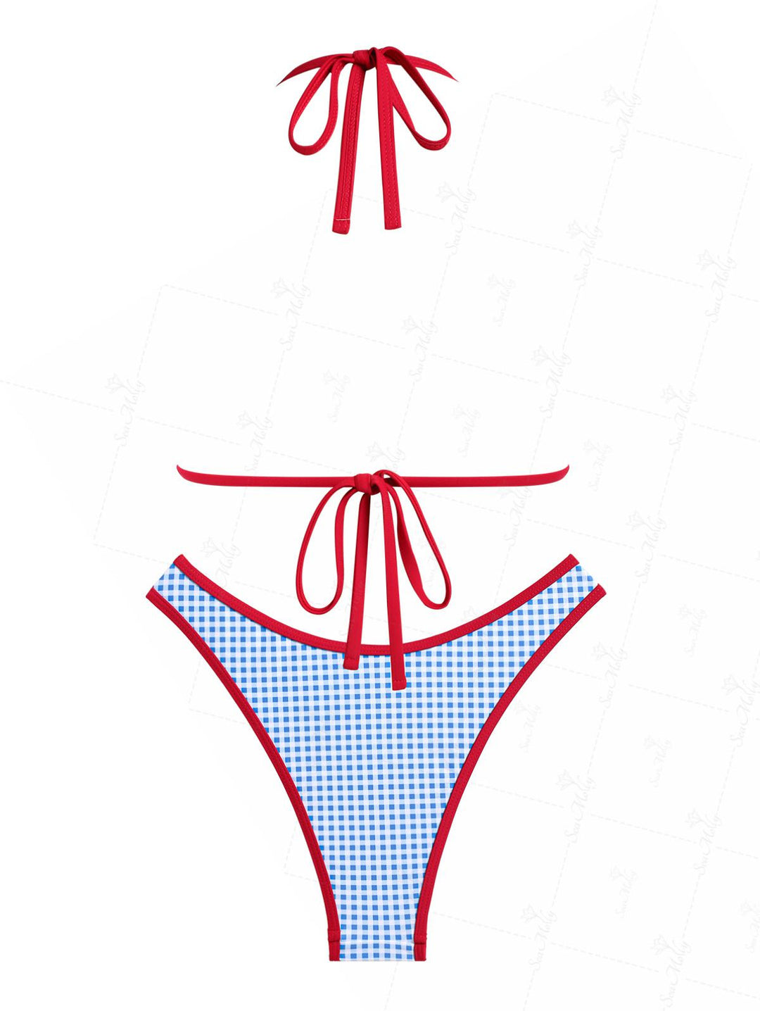 Seamolly Gingham Contrast Binding Bowknot Decor Halter Tied Triangle Bikini Set