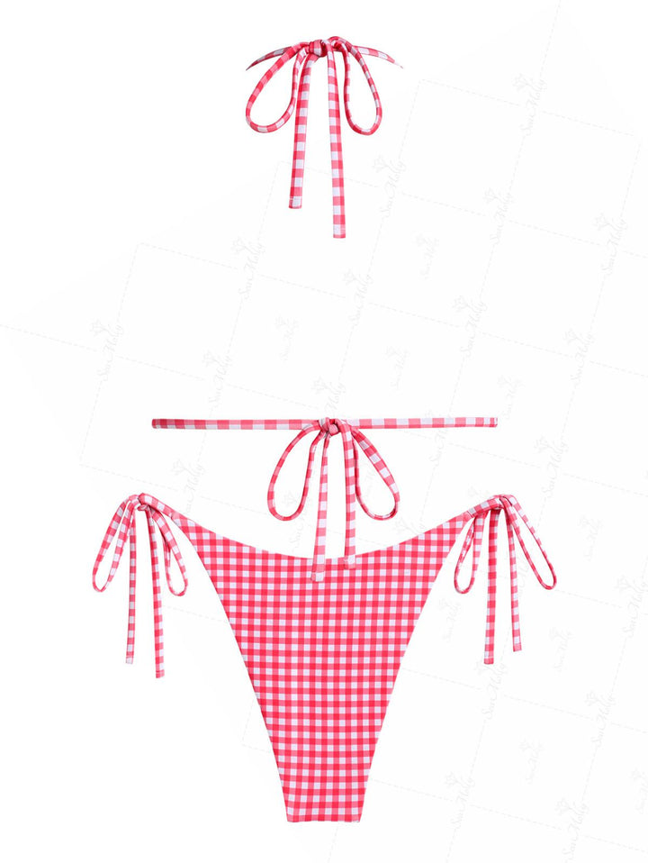 Seamolly Red Gingham Halter Triangle Tie Side Bikini Set