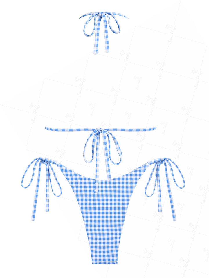 Seamolly Blue Gingham Bowknot Decor Halter Triangle Tie Side Bikini Set