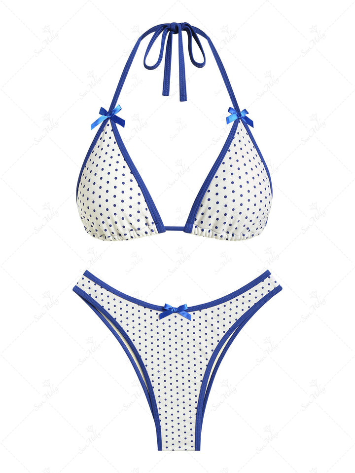 Seamolly Polka Dots Bow Knotted Decor Triangle Bikini Set