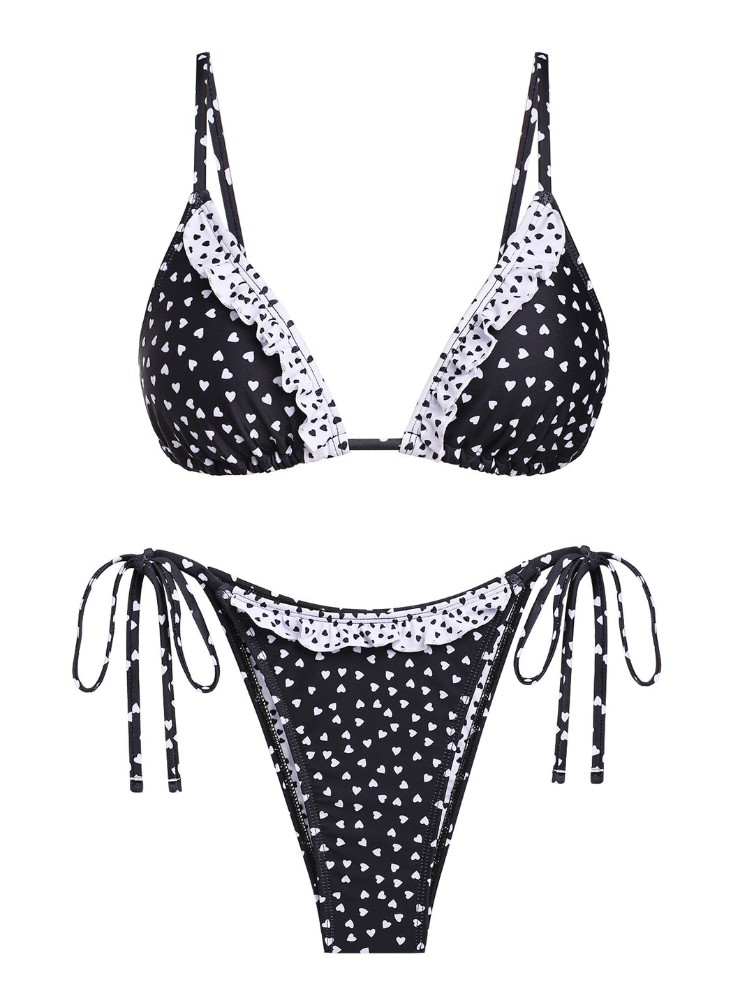 Seamolly Heart Print Ruffles Trim Triangle Tie Side Bikini Set