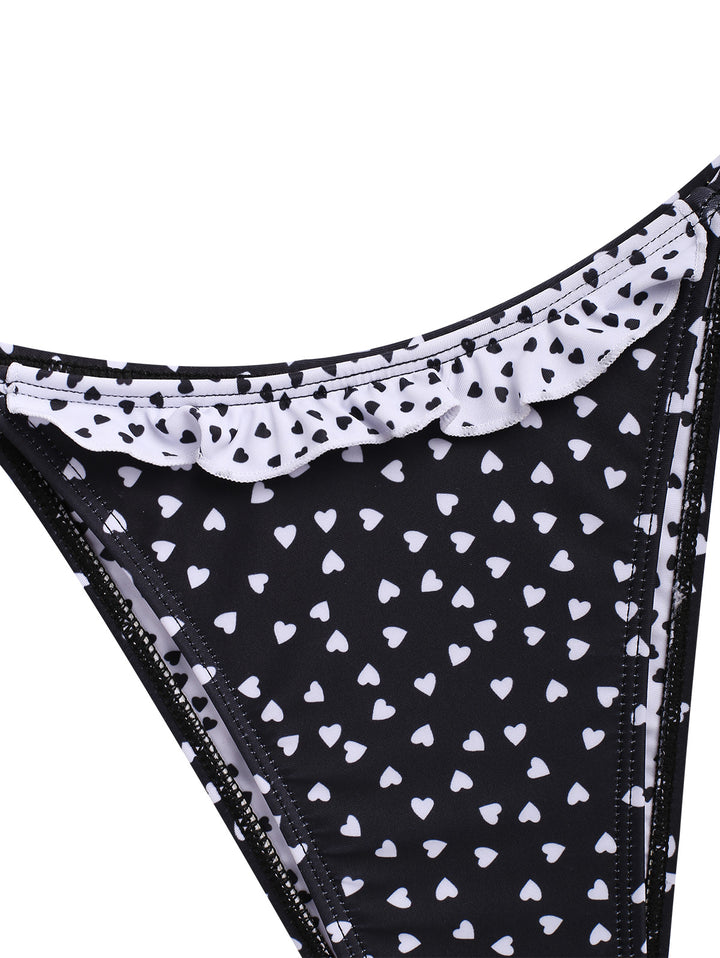 Seamolly Heart Print Ruffles Trim Triangle Tie Side Bikini Set