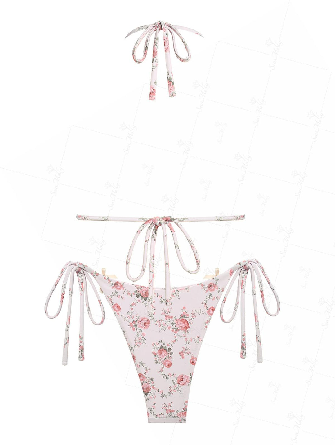 Seamolly Floral Print Bowknot Decor Halter Triangle Tie Side Bikini Set