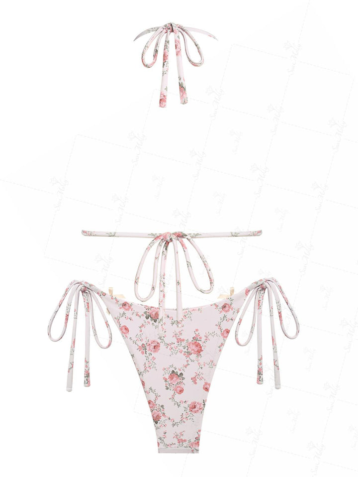 Seamolly Floral Print Bowknot Decor Halter Triangle Tie Side Bikini Set