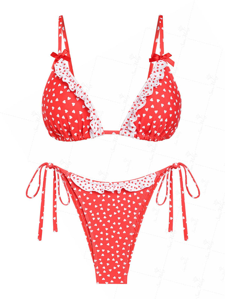 Seamolly Heart Printed Frilled Ruffles Bowknot Decor Triangle Bikini Set